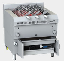 Gresilva horizontal 3 position compact rotisserie gas grill on base with auto fill water bath feed. Cook up to 3 spits at anyone time.
